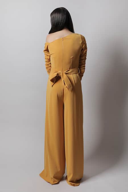 Shop_Swatee Singh_Yellow Crepe One Shoulder Ruched Jumpsuit _at_Aza_Fashions
