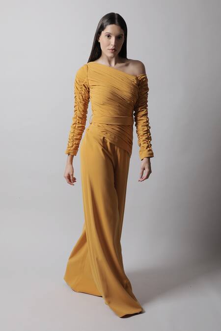 Swatee Singh_Yellow Crepe One Shoulder Ruched Jumpsuit _Online_at_Aza_Fashions