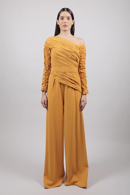 Buy_Swatee Singh_Yellow Crepe One Shoulder Ruched Jumpsuit _Online_at_Aza_Fashions