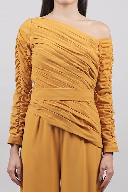 Shop_Swatee Singh_Yellow Crepe One Shoulder Ruched Jumpsuit _Online_at_Aza_Fashions