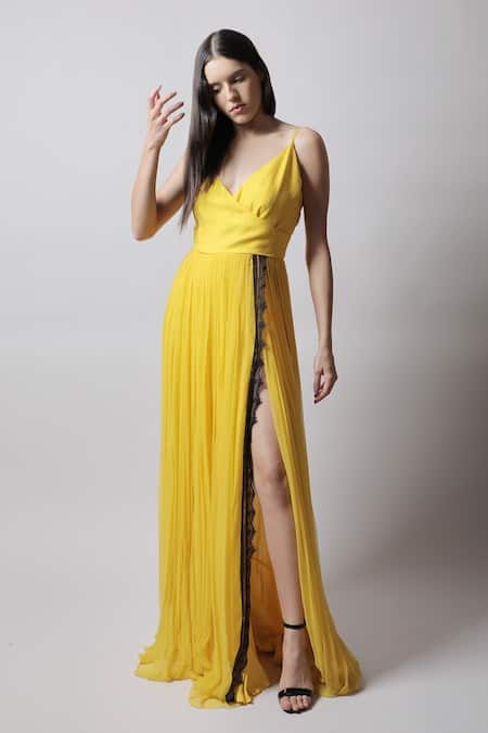 Swatee Singh_Yellow Georgette Lace V Neck High Slit Gown _Online_at_Aza_Fashions