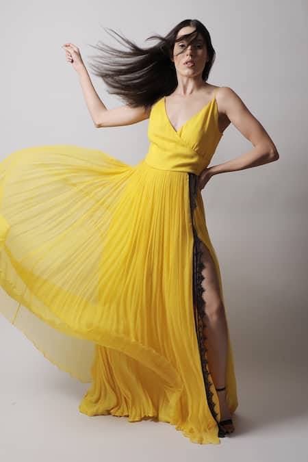 Buy_Swatee Singh_Yellow Georgette Lace V Neck High Slit Gown _Online_at_Aza_Fashions