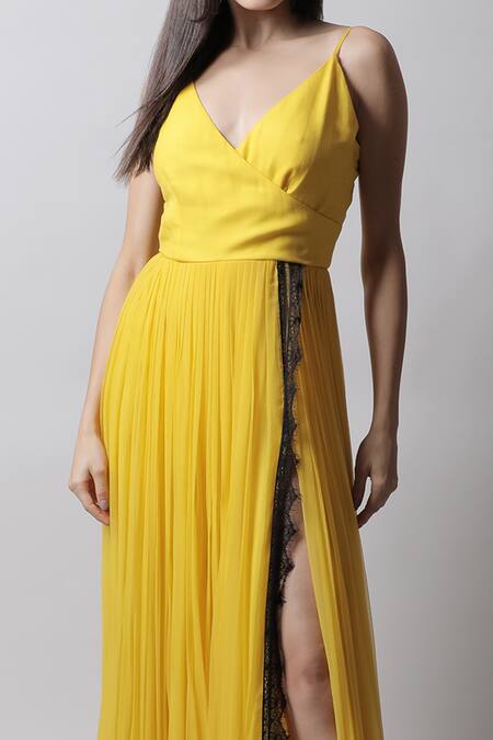Shop_Swatee Singh_Yellow Georgette Lace V Neck High Slit Gown _Online_at_Aza_Fashions