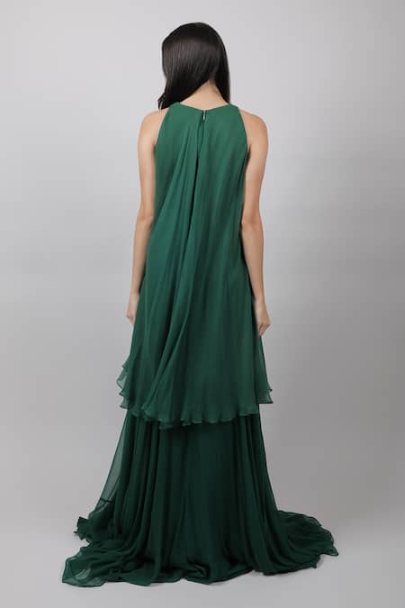 Shop_Swatee Singh_Green Georgette V Neck Asymmetric Cape Gown _at_Aza_Fashions