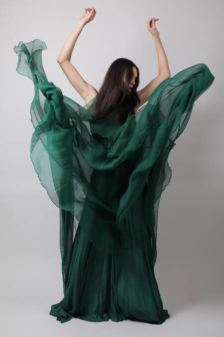 Swatee Singh_Green Georgette V Neck Asymmetric Cape Gown _Online_at_Aza_Fashions