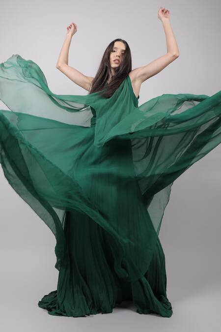 Buy_Swatee Singh_Green Georgette V Neck Asymmetric Cape Gown _Online_at_Aza_Fashions
