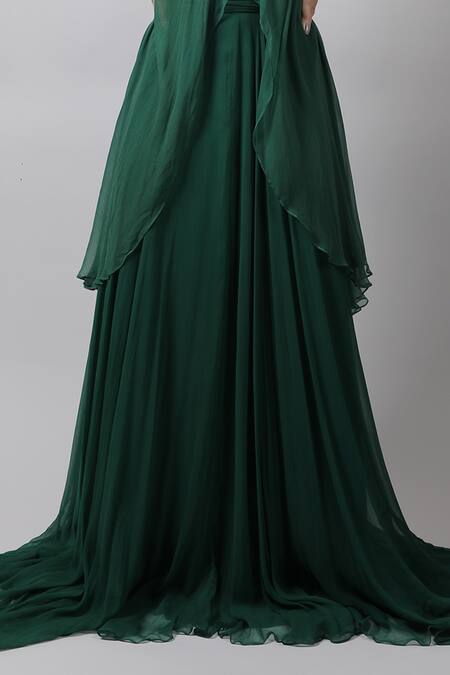 Swatee Singh Green Georgette V Neck Asymmetric Cape Gown at Aza Fashions Swatee Singh_Green Georgette V Neck Asymmetric Cape Gown _at_Aza_Fashions