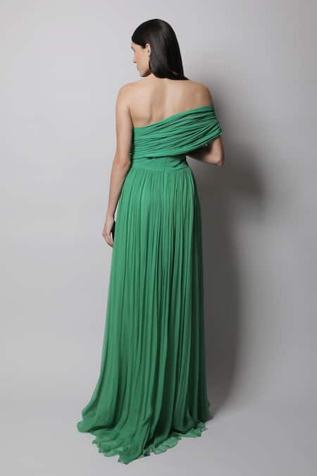 Shop_Swatee Singh_Green Georgette One Shoulder Draped Gown _at_Aza_Fashions