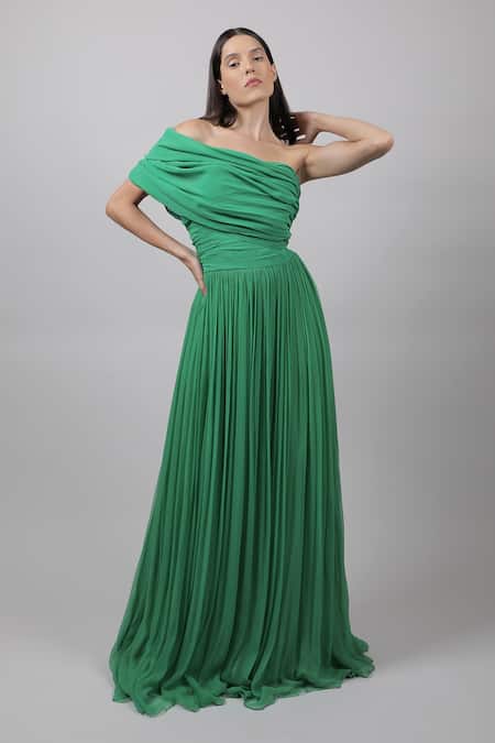 Swatee Singh_Green Georgette One Shoulder Draped Gown _Online_at_Aza_Fashions