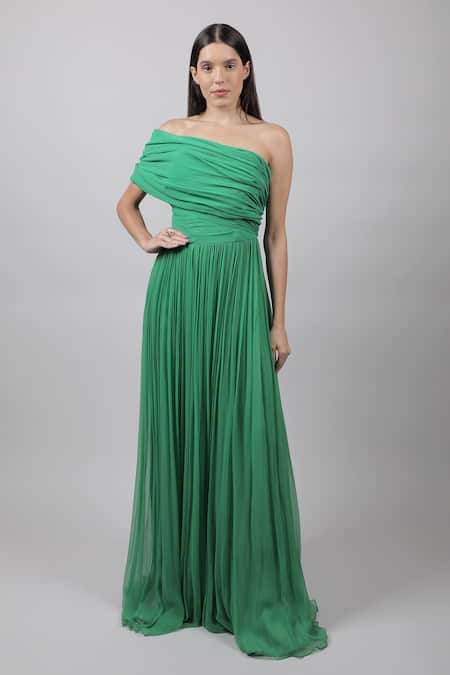 Buy_Swatee Singh_Green Georgette One Shoulder Draped Gown _Online_at_Aza_Fashions