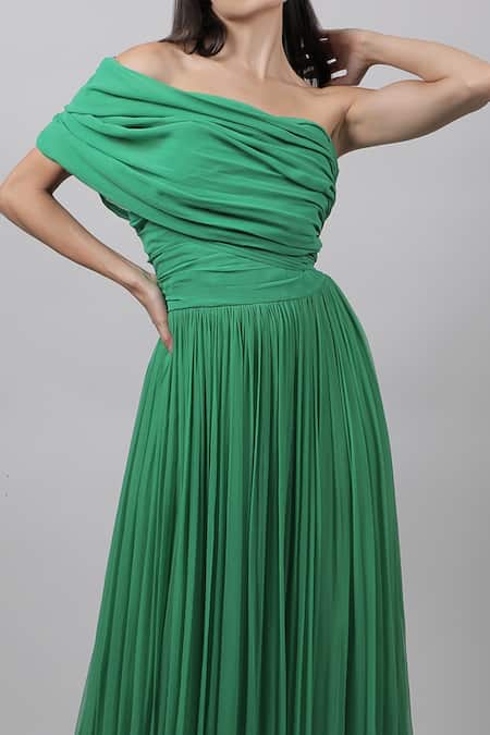 Shop_Swatee Singh_Green Georgette One Shoulder Draped Gown _Online_at_Aza_Fashions