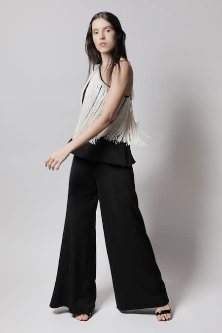 Buy_Swatee Singh_Black Crepe Fringes One Shoulder Top _Online_at_Aza_Fashions