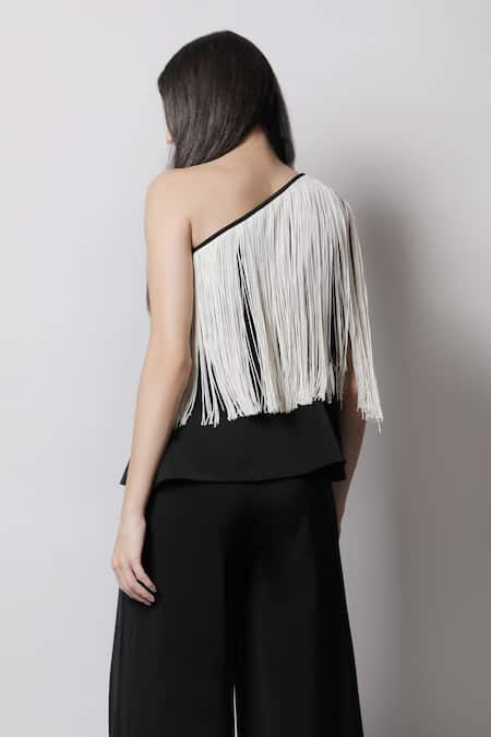 Shop_Swatee Singh_Black Crepe Fringes One Shoulder Top _at_Aza_Fashions