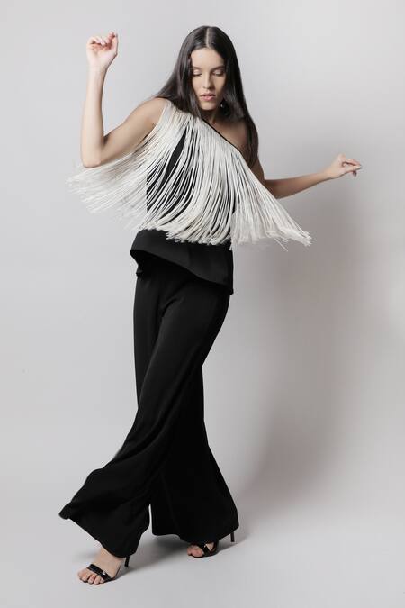 Swatee Singh_Black Crepe Fringes One Shoulder Top _Online_at_Aza_Fashions