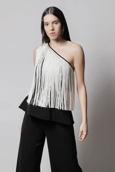Swatee Singh Black Crepe Fringes One Shoulder Top 