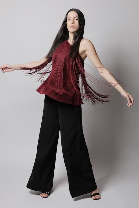 Swatee Singh Maroon Crepe Fringes One Shoulder Top 