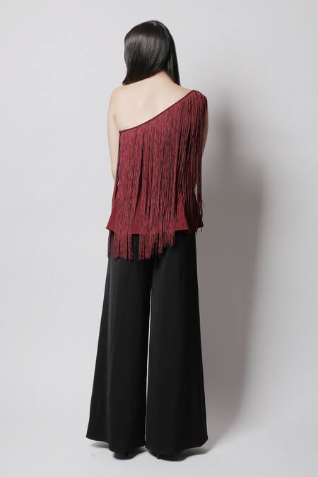 Shop_Swatee Singh_Maroon Crepe Fringes One Shoulder Top _at_Aza_Fashions