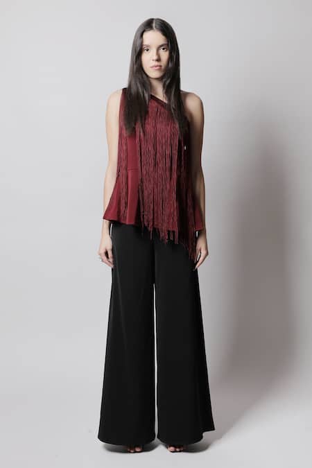 Swatee Singh_Maroon Crepe Fringes One Shoulder Top _Online_at_Aza_Fashions