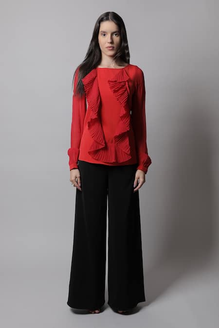 Swatee Singh Red Crepe Boat Textured Frill Top 