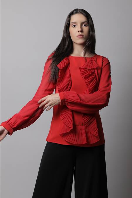 Swatee Singh_Red Crepe Boat Textured Frill Top _Online_at_Aza_Fashions