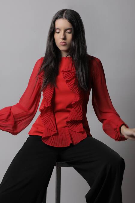 Buy_Swatee Singh_Red Crepe Boat Textured Frill Top _Online_at_Aza_Fashions