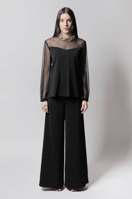Swatee Singh Black Crepe Round Bishop Sleeve Top 