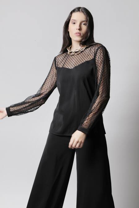 Buy_Swatee Singh_Black Crepe Round Bishop Sleeve Top _Online_at_Aza_Fashions