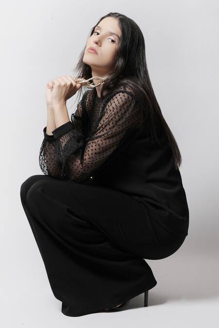 Shop_Swatee Singh_Black Crepe Round Bishop Sleeve Top _Online_at_Aza_Fashions