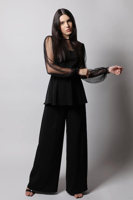 Swatee Singh Black Georgette Round Sheer Sleeve Peplum Top 