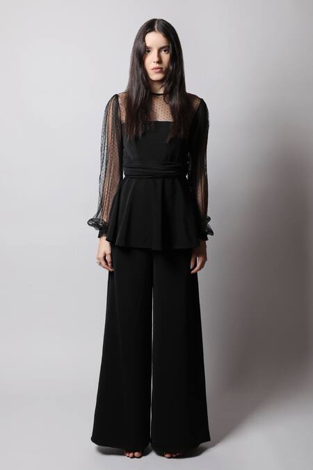 Swatee Singh_Black Georgette Round Sheer Sleeve Peplum Top _Online_at_Aza_Fashions