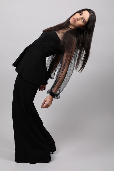 Buy_Swatee Singh_Black Georgette Round Sheer Sleeve Peplum Top _Online_at_Aza_Fashions