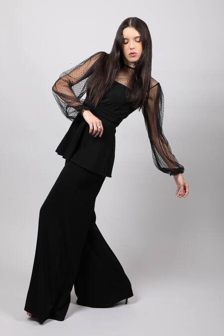 Shop_Swatee Singh_Black Georgette Round Sheer Sleeve Peplum Top _Online_at_Aza_Fashions