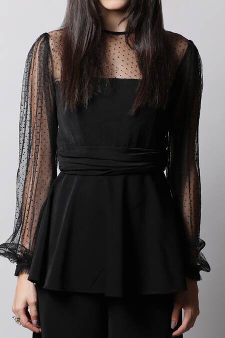 Swatee Singh Black Georgette Round Sheer Sleeve Peplum Top at Aza Fashions Swatee Singh_Black Georgette Round Sheer Sleeve Peplum Top _at_Aza_Fashions