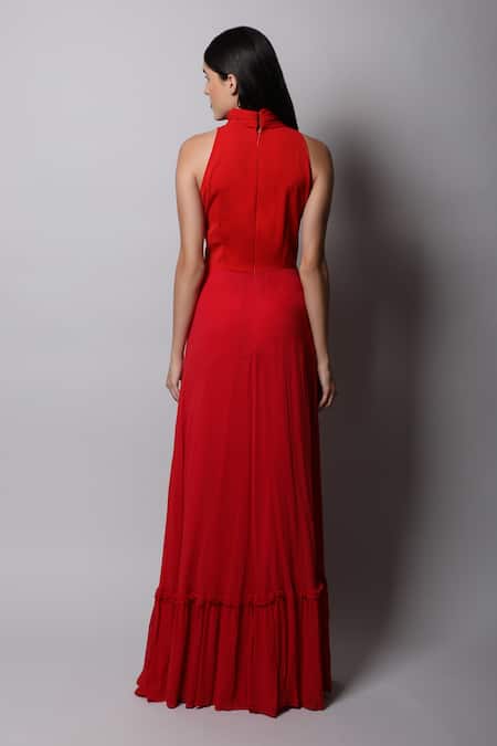 Shop_Swatee Singh_Red Georgette Band Collar Gown _at_Aza_Fashions