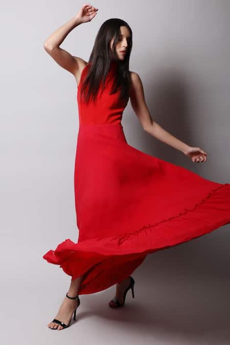 Swatee Singh_Red Georgette Band Collar Gown _Online_at_Aza_Fashions