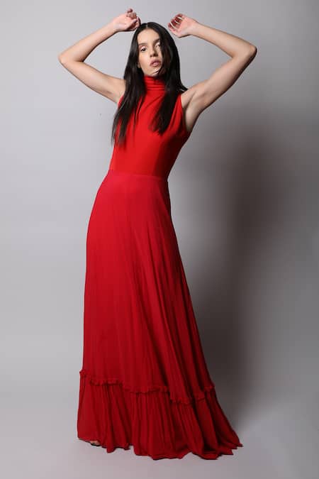 Buy_Swatee Singh_Red Georgette Band Collar Gown _Online_at_Aza_Fashions
