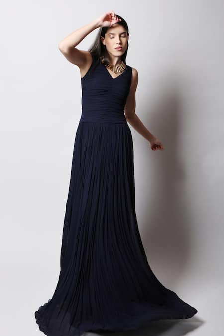 Swatee Singh Blue Georgette V Neck Ruched Gown 