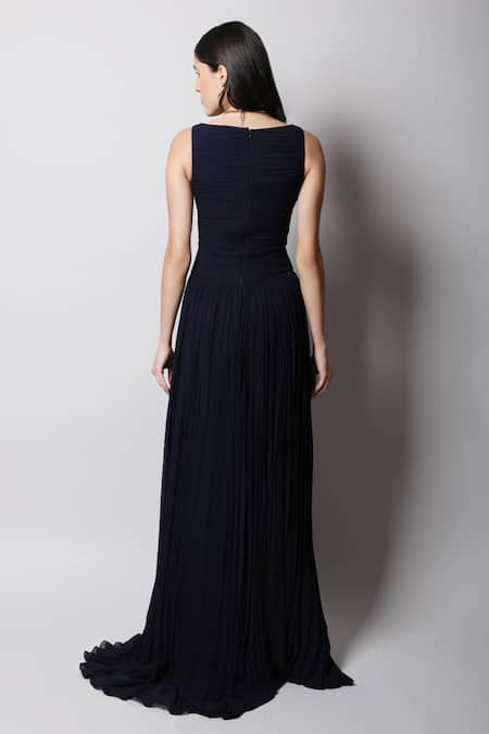 Shop Swatee Singh Blue Georgette V Neck Ruched Gown at Aza Fashions Shop_Swatee Singh_Blue Georgette V Neck Ruched Gown _at_Aza_Fashions