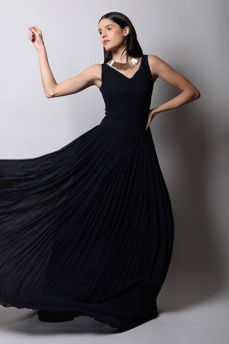 Swatee Singh_Blue Georgette V Neck Ruched Gown _Online_at_Aza_Fashions