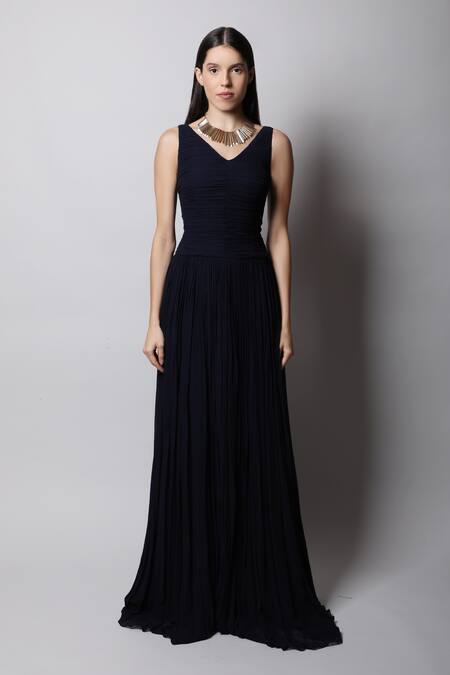 Buy_Swatee Singh_Blue Georgette V Neck Ruched Gown _Online_at_Aza_Fashions