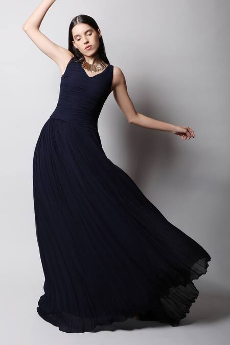 Shop_Swatee Singh_Blue Georgette V Neck Ruched Gown _Online_at_Aza_Fashions