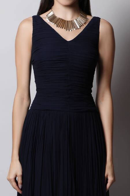 Swatee Singh Blue Georgette V Neck Ruched Gown at Aza Fashions Swatee Singh_Blue Georgette V Neck Ruched Gown _at_Aza_Fashions