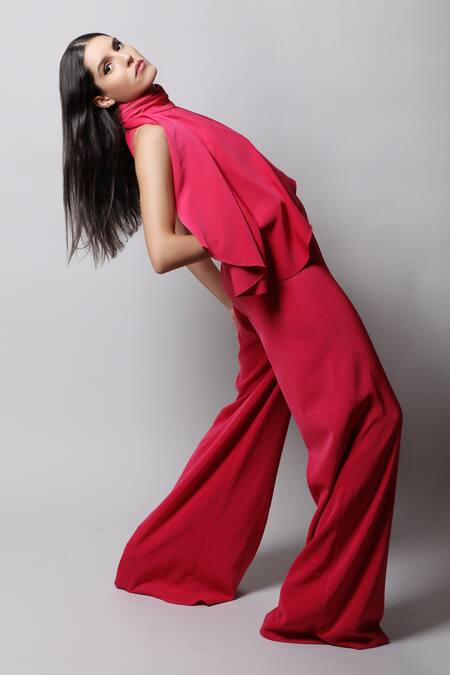 Swatee Singh_Pink Georgette High Jumpsuit With Attached Cape _Online_at_Aza_Fashions