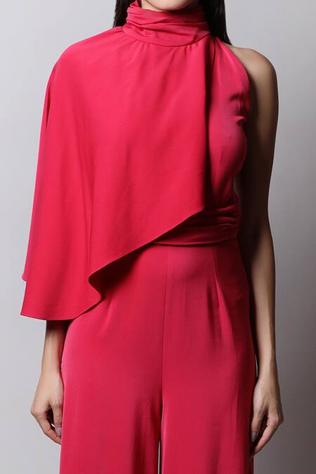 Shop Swatee Singh Pink Georgette High Jumpsuit With Attached Cape Online at Aza Fashions Shop_Swatee Singh_Pink Georgette High Jumpsuit With Attached Cape _Online_at_Aza_Fashions
