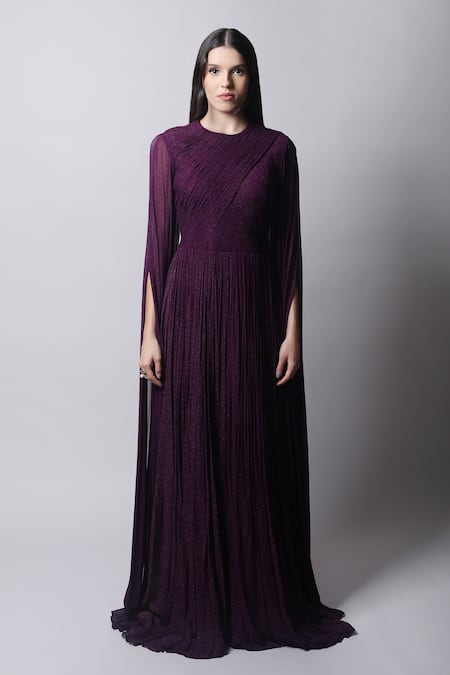 Swatee Singh_Purple Georgette Round Ruched Gown _Online_at_Aza_Fashions