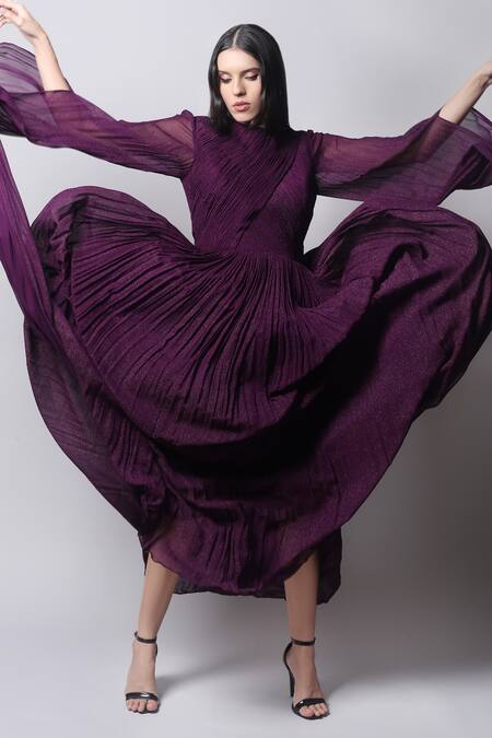 Buy_Swatee Singh_Purple Georgette Round Ruched Gown _Online_at_Aza_Fashions