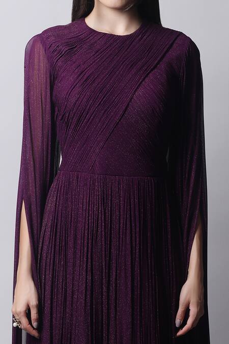 Shop_Swatee Singh_Purple Georgette Round Ruched Gown _Online_at_Aza_Fashions
