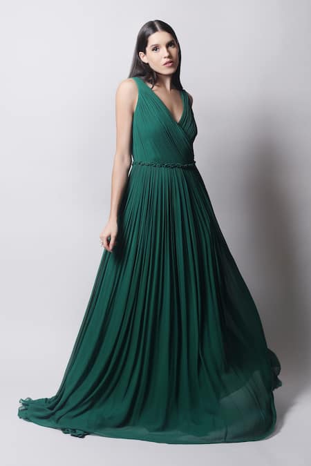 Swatee Singh_Green Georgette V Neck Overlap Yoke Gown _Online_at_Aza_Fashions