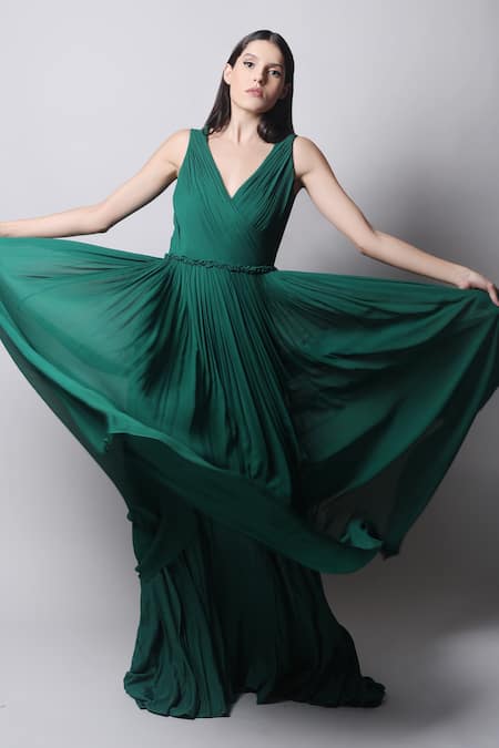 Buy_Swatee Singh_Green Georgette V Neck Overlap Yoke Gown _Online_at_Aza_Fashions