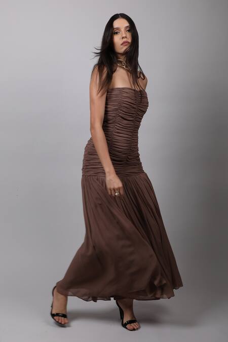 Swatee Singh_Beige Georgette One Shoulder Off Ruched Dress _Online_at_Aza_Fashions